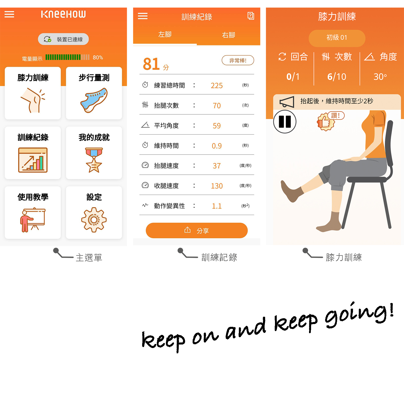 KneeHow App 選單、運動紀錄與訓練畫面